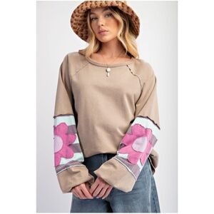 Easel Tan Sweatshirt with Pink Floral Accents